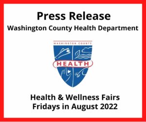 Press release header, health department logo, promoting health fairs Fridays in August, details in release