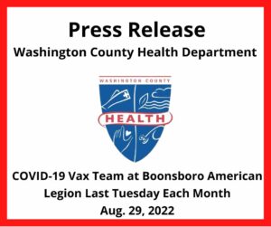 Health department logo, Press release title - COVID vax team at Boonsboro American Legion last Tuesday each month, details in text on website