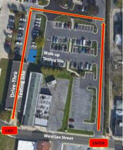 Illustration of COVID test site with directional lines to show traffic flow. Site at 13 W. Lee St., Hagerstown.