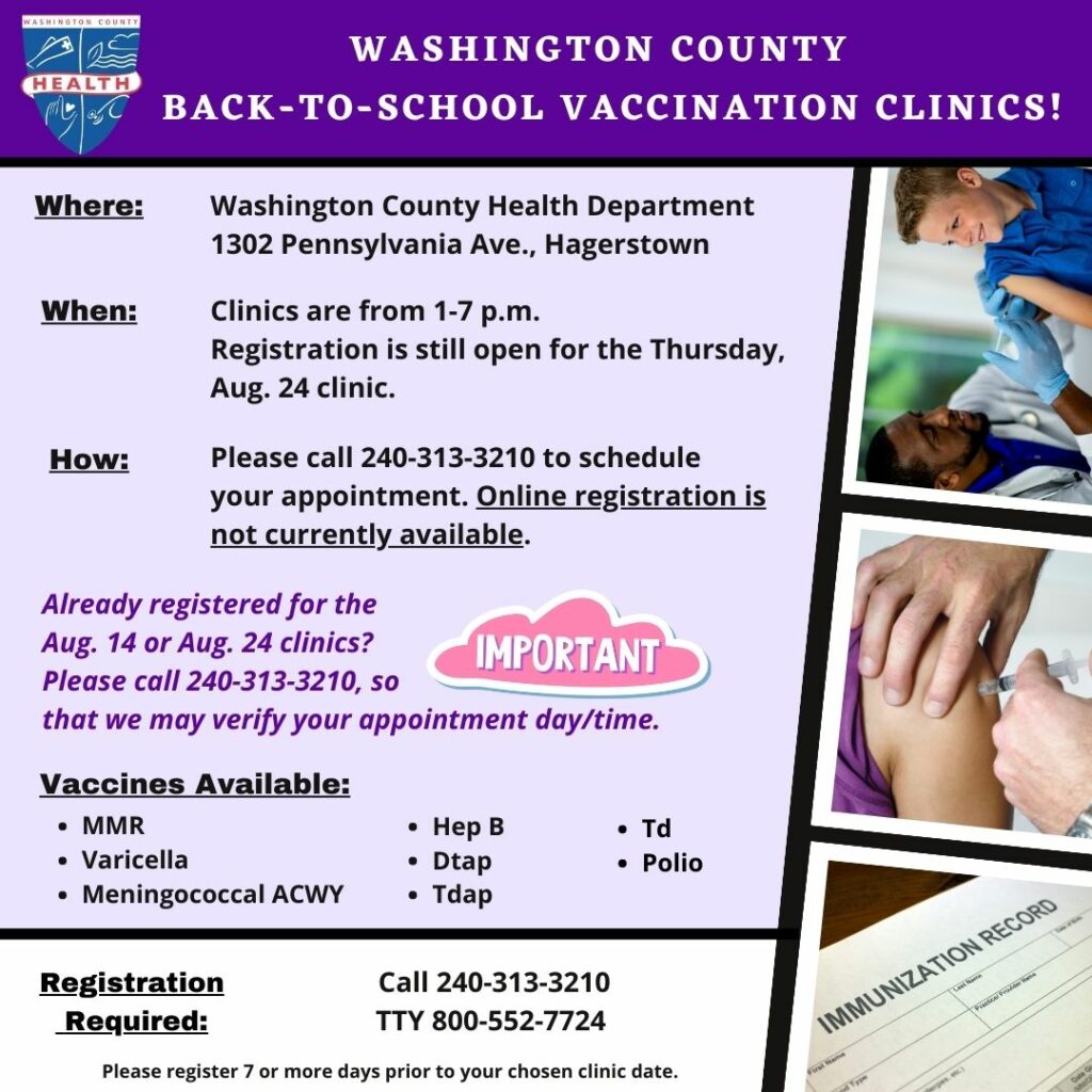 School Immunization Clinics updated after PrepMod shuts down, August 2023; Who, What, Where; registration number included; health department logo and various art related to topic; details in release