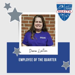 Image: Employee of the Quarter template box with blue and silver color scheme and stars; photo of winner and name - Dana Linton; health department logo
