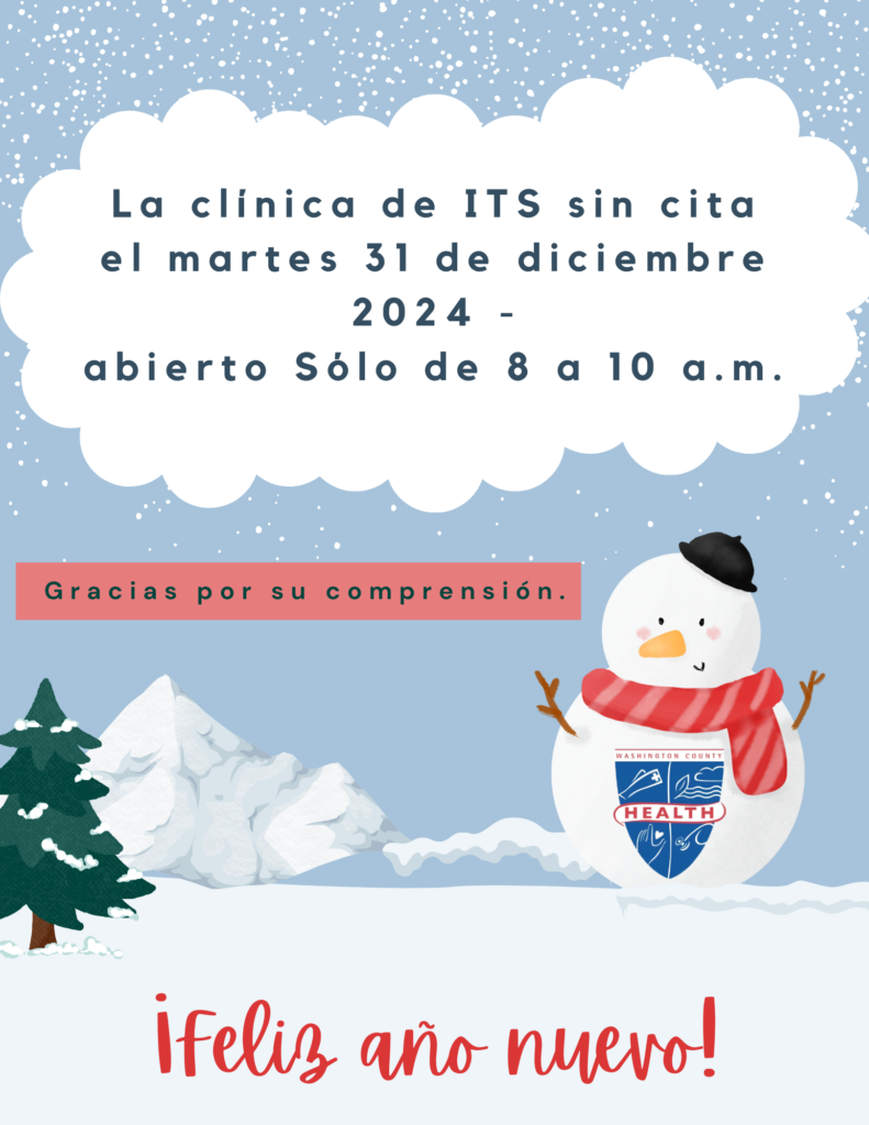 Spanish version - STI clinic holiday hours - Dec. 31, 8-10 a.m.; health department logo
