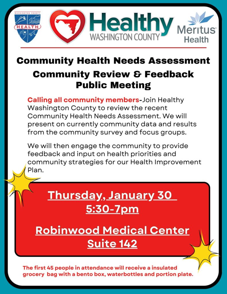 Flyer promoting Community Health Needs Assessment Community Review & Feedback Public Meeting, Thursday, Jan. 30, 5:30-7:00 p.m., Robinwood Professional Center. Details in narrative of post.